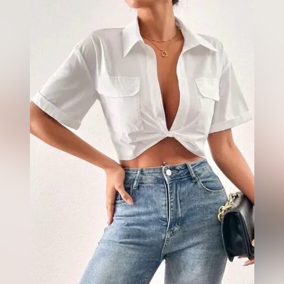Micas Tops - Micas Trendy White Crop Shirt Button-Up Collared Short Sleeve, NWT